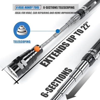 Extendable Magnetic Flashlight with Telescoping Magnet Pickup Tool, 2 Pack | Cool Gadget, Dad Gifts, Birthday Gifts for Men, Dad, Husband, Him, Father, Mechanic, Boyfriend, Women, Black