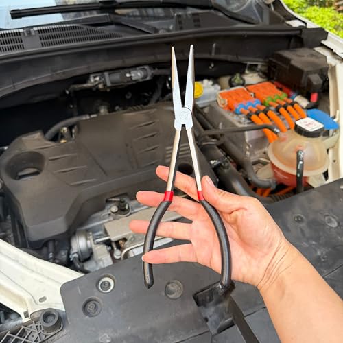 11-Inch Long Reach Needle Nose Pliers ，Straight Needle Nose Pliers with Milled Jaws & Non-Slip Grips for Mechanics, Electricians, and Home Repairs