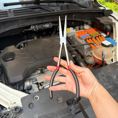 11-Inch Long Reach Needle Nose Pliers ，Straight Needle Nose Pliers with Milled Jaws & Non-Slip Grips for Mechanics, Electricians, and Home Repairs