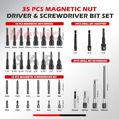 35PCS Magnetic Nut Driver Set, Nut Driver Set for Impact Drill, 1/4" Quick-Change Hex Shank | SAE & Metric | Cr-V Steel, Magnetic Screwdriver Bit W/Drill Bit Extension & Drill Bit Adapter - size: 35 PCS Magnetic Nut Driver Set