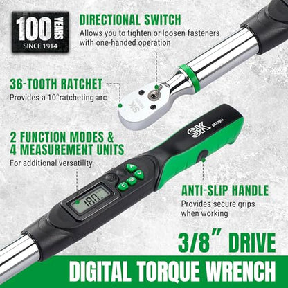SK 3/8" Drive Digital Torque Wrench, 6.8 to 135 N-M, LED Display | Torquimetro, Four Units of Measure & Flash Notification - size: 3/8" Drive