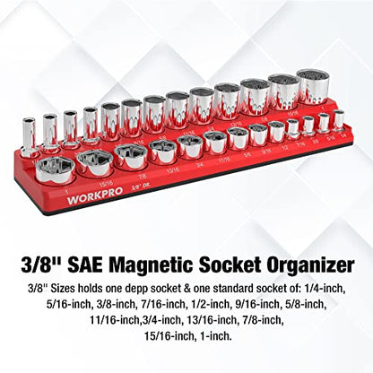 WORKPRO Magnetic Socket Organizer, 3/8-Inch SAE Socket Holder | Hold 26-Piece Sockets, Suitable for Standard and Deep Socket, Magnetic Base, No Scratches Installation, Sockets not Included - size: 3/8" DR - SAE