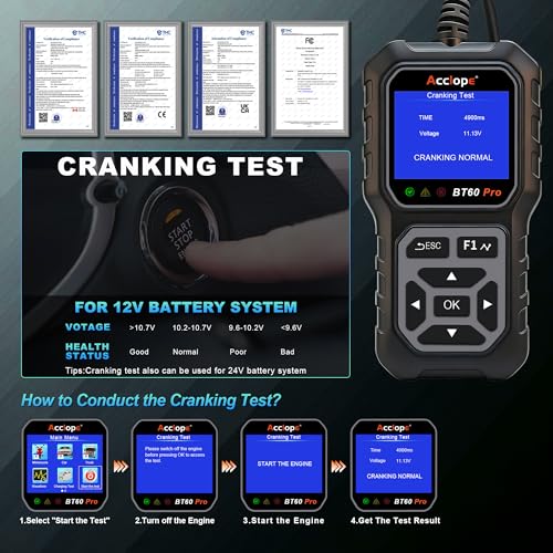 BT60 PRO Car Battery Tester 6V/12V/24V, 2–120Ah, 100–3000 CCA, AGM/Gel/Lithium, Alternator & Starter/Charging System Analyzer, QR Cloud Report (No App), Digital Analyzer - color: Black-Yellow