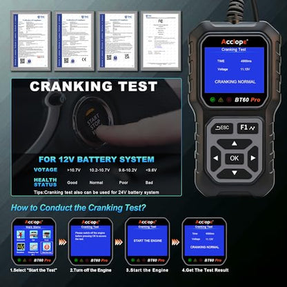 BT60 PRO Car Battery Tester 6V/12V/24V, 2–120Ah, 100–3000 CCA, AGM/Gel/Lithium, Alternator & Starter/Charging System Analyzer, QR Cloud Report (No App), Digital Analyzer - color: Black-Yellow