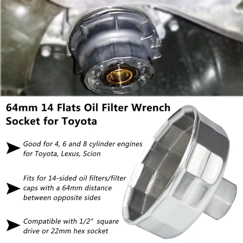 64mm 14 Flutes Oil Filter Socket for Lexus, Scion, Toyota Oil Filter Wrench Oil Filters Cap Removal Tool Chrome Vanadium Steel Oil-Filter Wrenches, Silver