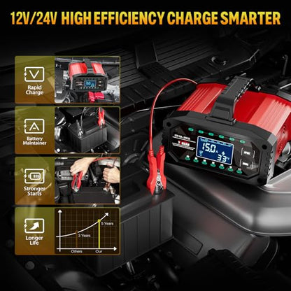 YONHAN Battery Charger 0-15A 12V/24V Adjustable Current | LiFePO4 Car Battery Charger, Battery Maintainer Automatic Trickle Charger, Battery Desulfator w/Temp Compensation