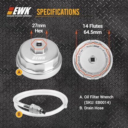 EWK 64mm Forged Aluminum Oil Filter Wrench with Drain Hose, Heavy-Duty Oil Change Tool for Toyota, Lexus, Scion 2.0L - 5.7L Cartridge Filters - style: Drain Tool Set