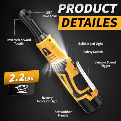 FULLYEA 3/8" Cordless Electric Ratchet Wrench Set, 550RPM, 40Ft-lbs, 16.8V Extended Power Ratchet Tool Kit with Variable Speed, 1/4" Adapter, 3" Extension Bar, 2*2.0Ah Battery and Fast Charger(Yellow)