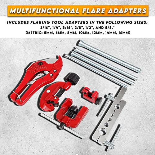 Flaring Tool Set (9 Piece - Professional Grade) Heavy Duty Brake Line Flaring Tool Kit and Swage Tool, Flare Tool with Tubing Straightener or Cutter (Not a Double Brake Flaring Tool)