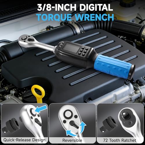 DISEN 3/8 inch Digital Torque Wrench (5-135 N.m / 3.7-99.6 Ft.lb), ±2% Accuracy, 8 Presets & 500 Data Memory, 5 Units, LED & Buzzer Alert, Tracking/Peak Modes, for Automotive Motorcycle Bicycle DIY - size: 3/8 inch