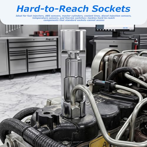 14PCS Diesel Injector Fuel Line Socket Wrench Set, 3/8" & 1/2" Drive, Metric 8-22mm Flare Nut Sockets, 5-Point Anti-Slip Design for Wired Temperature Sensors, Thermo Switches, ABS Tube, etc