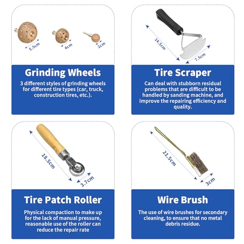 2500rpm Low-Speed Air Tire Repair Kit, Pneumatic Tire Buffer, Tire Patch Roller, Inner Liner Scraper, Tungsten Steel Buffing Wheels (42mm & 55mm) with Quick-Change Chuck, Variable Speed Throttle