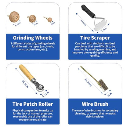 2500rpm Low-Speed Air Tire Repair Kit, Pneumatic Tire Buffer, Tire Patch Roller, Inner Liner Scraper, Tungsten Steel Buffing Wheels (42mm & 55mm) with Quick-Change Chuck, Variable Speed Throttle