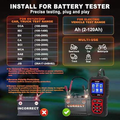 BT60 PRO Car Battery Tester 6V/12V/24V, 2–120Ah, 100–3000 CCA, AGM/Gel/Lithium, Digital Analyzer, QR Cloud Report (No App), Alternator & Starter/Charging System - color: Black-Red