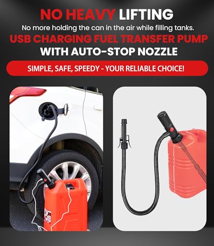 2.8GPM Battery Powered Portable Fuel Transfer Pump Auto stop Gas Pump For Gas Can with USB Charging Fuel Transfer Pump for Gasoline, Fuel, Gas, Diesel, Water - color: 2.8 GPM With Auto-Stop Nozzle