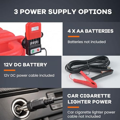 3.8 GPM Fuel Transfer Pump with 5 Adapters | 12V Battery Clip & AA Powered, 79 in Long Hose, Portable, Gas Diesel Oil Compatible, for Cars Boats Lawn Mowers Generators