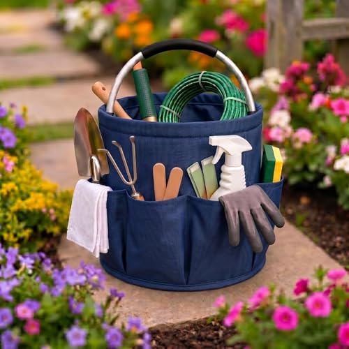 Garden Tool Organizer Tote with Non-Slip Handle – 4.5-Gallon Water-Resistant Bucket Bag with 6 Side Pockets, Portable Gardening and Outdoor Utility Bag for Yard Work, Garage, Beach & Camping - color: Blue