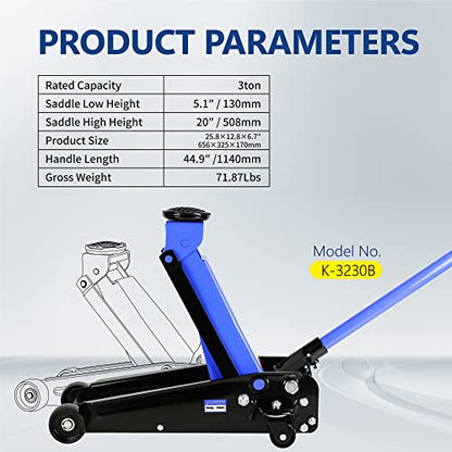 3T Low Profile Steel Floor Jack, 6000 lb, Single Pump, 5.1"-20" Lift, Blue | Heavy-duty steel, single-pump quick lift, low profile, 5.1"-20" lift range, overload protection. - size: 3T Single Pump 5.1"-20"