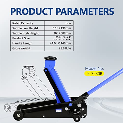 3T Low Profile Steel Floor Jack, 6000 lb, Single Pump, 5.1"-20" Lift, Blue | Heavy-duty steel, single-pump quick lift, low profile, 5.1"-20" lift range, overload protection. - size: 3T Single Pump 5.1"-20"