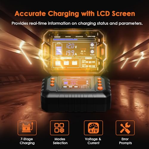 WAVLINK 280W Smart Battery Charger, Max. 20A Trickle Charger with LCD Display, for 6V/12V/24V Lead-Acid/Lithium/LiFePO4 Batteries, Battery Maintainer and Desulfurizer for Cars,Boats, Motorcycles - color: 20-amp