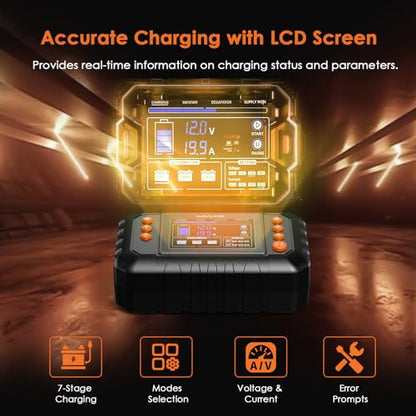 WAVLINK 280W Smart Battery Charger, Max. 20A Trickle Charger with LCD Display, for 6V/12V/24V Lead-Acid/Lithium/LiFePO4 Batteries, Battery Maintainer and Desulfurizer for Cars,Boats, Motorcycles - color: 20-amp