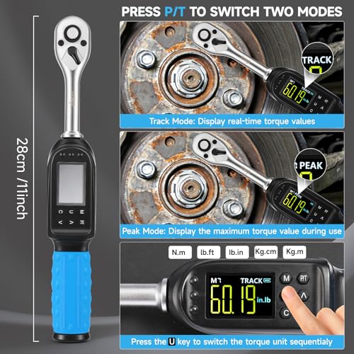 DISEN 3/8 inch Digital Torque Wrench (5-135 N.m / 3.7-99.6 Ft.lb), ±2% Accuracy, 8 Presets & 500 Data Memory, 5 Units, LED & Buzzer Alert, Tracking/Peak Modes, for Automotive Motorcycle Bicycle DIY - size: 3/8 inch