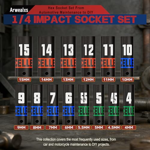 14Piece 1/4-Inch Drive Impact Socket Set, 4-15 mm Deep Sockets, 6 Point Metric Sockets for Automotive Repair, Equipment Maintenance - size: 1/4 Inch Metric Deep