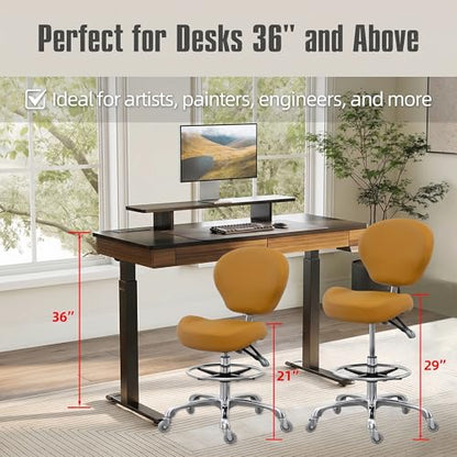 Grace&Grace Drafting Stool Adjustable Foot Ring with Wheels, Rolling Stool with Back Support for Studio, Classroom, Lab, Counter, Medical (Camel) - color: Camel