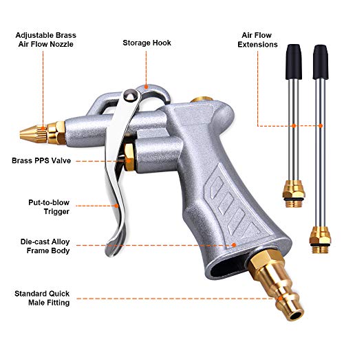 Air Blow Gun w/Copper Adjustable Air Flow Nozzle & 2 Steel Extension | Powerful Air Flow, All-Metal Build, Adjustable Air Flow Nozzle, Metal Hanging Hook, 2 Airflow Extension Tubes for Tight Areas - color: Silvery