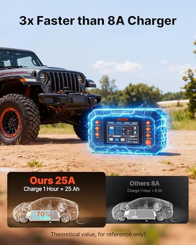 VEVOR Smart Battery Charger, 25A, 6V 12V 24V Ternary Lithium LiFePO4 Lead-Acid (Gel/AGM) Battery Charger, with 3.4-Inch LCD Display, Trickle Charging Maintainer Desulfator, for Car, Boat, Motorcycle - size: 25A