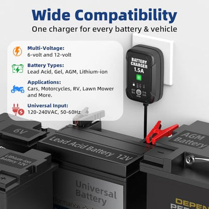 1.5A 6V/12V Car Battery Charger – Automatic Trickle Charger, Battery Maintainer & Desulfator with Overcharge Protection & Temperature Compensation – For Lead Acid, AGM, Gel, Lithium(LiFePO4) Batteries - size: 1.5A