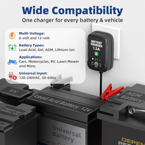 1.5A 6V/12V Car Battery Charger – Automatic Trickle Charger, Battery Maintainer & Desulfator with Overcharge Protection & Temperature Compensation – For Lead Acid, AGM, Gel, Lithium(LiFePO4) Batteries - size: 1.5A