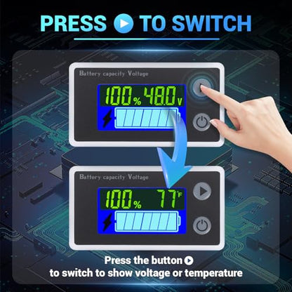 DROK 48v Golf Cart Battery Meter, 10-100v Digital Volt Meter Battery Capacity Tester Temperature Gauge, Black - color: Black, size: 48V/30cm Wire