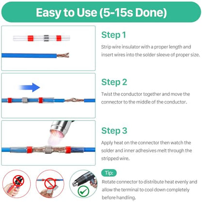 YNZDRWA 200PCS Solder Seal Wire Connectors Kit, Heat Shrink Butt Connectors | Waterproof Electrical Butt Splice Wire Terminals for Marine Automotive Trailer RV Boat Truck Wiring