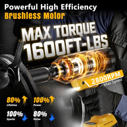 1600Ft-lbs 3/4" Cordless Brushless High Torque Impact Wrench | Compatible with DEWALT 20V Battery, Heavy Duty, 3-Speed & 2 LED Lights & RSS, For Car & Truck & RV & Rusted Bolts, Bare Tool