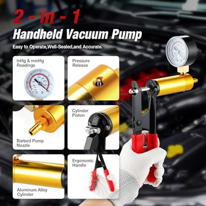 GaRhomxy Brake Bleeder Kit, Hand Vacuum Pump with Adapters & Pressure Gauge, One Man Automotive Brake Bleeding Tool Set for Car Motorcycle Truck Brake Fluid Maintenance (Red) - size: 15PCS