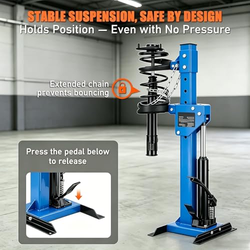 Hydraulic Strut Spring Compressor, 4.5 Ton, Foot Operated, Blue | Interchangeable jaws, stable base and hands-free control for shock and coil removal in professional auto repair - color: Blue