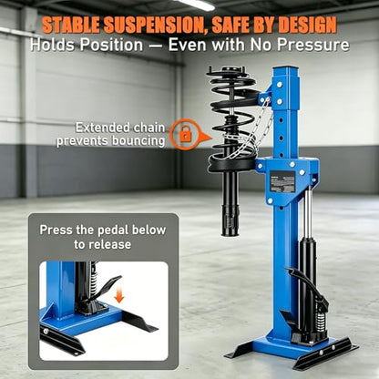 Hydraulic Strut Spring Compressor, 4.5 Ton, Foot Operated, Blue | Interchangeable jaws, stable base and hands-free control for shock and coil removal in professional auto repair - color: Blue