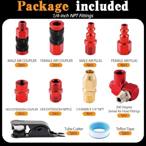 25 PCS Universal Air Coupler & Plug Kit 1/4" NPT Aluminium Alloy Air Compressor Accessories with 360 Degree Swivel Hose Fittings,1/4 Inch Lightweight Quick Connect Compressor Hose Fittings - size: Aluminum alloy