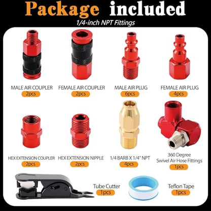 25 PCS Universal Air Coupler & Plug Kit 1/4" NPT Aluminium Alloy Air Compressor Accessories with 360 Degree Swivel Hose Fittings,1/4 Inch Lightweight Quick Connect Compressor Hose Fittings - size: Aluminum alloy