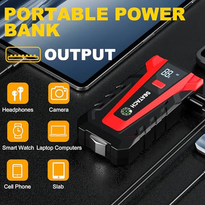 Scatach 3000A Car Battery Jump Starter,12V Jump Starter Battery Pack Portable (up to 9.0L Gasoline and 7.0L Diesel Engine), Jump Box with 3 Modes Flashlight and Jumper Cables - color: red