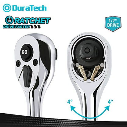 DURATECH 1/2-Inch Drive Ratchet, 90-Tooth Quick-Release Ratchet Wrench | Reversible, Cr-V Made, 4° Swing, Full Polished, Professional Socket Wrench for Men Women Stocking Stuffers for Men Women - size: 1/2"(Polished)