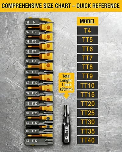 Torx Star Punch & Security Bit Set 13PCS 1-Inch, S2 Steel Tamper Proof Bits with Hole (T4, TT5-TT40) for Electronics, Auto & Impact Driver, 1/4" Hex Shank Specialty Bits