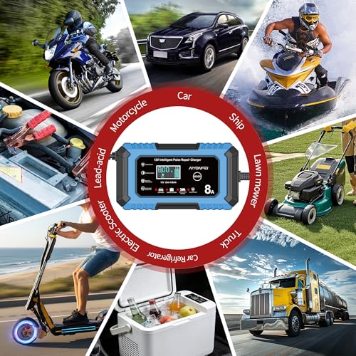 12V Battery Charger 8-Amp Smart Trickle Charger, Blue | Battery Maintainer and Desulfator, Temperature Compensation, for Car, Truck, SUV, Motorcycle, Boat, Lead Acid, LiFePO4 - color: Blue