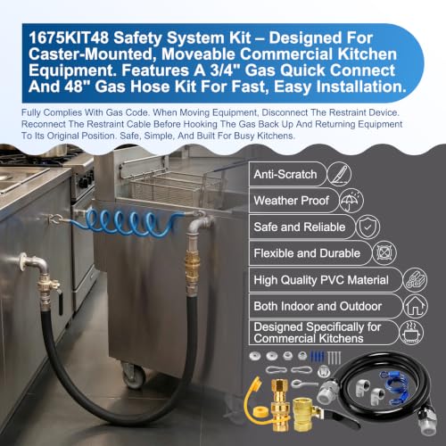 1675KIT48 Safety System Kit, 48" Mobile Gas Hose Connector with 2 Elbows, 3/4" Quick Disconnect, 3/4" Gas Flex Line & Gas Valve, Quick Connect & Disconnect for Commercial Kitchen Equipment.