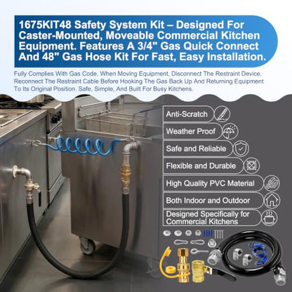 1675KIT48 Safety System Kit, 48" Mobile Gas Hose Connector with 2 Elbows, 3/4" Quick Disconnect, 3/4" Gas Flex Line & Gas Valve, Quick Connect & Disconnect for Commercial Kitchen Equipment.