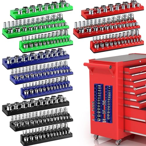 12 Pcs Magnetic Socket Organizer Set Compatible with SAE and Metric Magnetic Holders 1/4'', 3/8'', 1/2'' Drive Socket Trays Hold 286 Standard and Deep Size, No Sockets(Colors A) - color: Classic Color