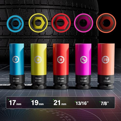 5 Pieces 1/2 inch Drive Impact Lug Nut Socket, Metric/SAE 17mm 19mm 21mm 13/16’’ 7/8’’ Thin Wall Deep Socket Set with Non-Marring Wheel Protectors - size: Metric/SAE