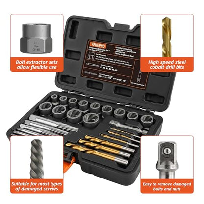 26-Piece Impact Bolt Spiral Screw Extractor Set with Left Hand Reverse Drill Bit Kit & Hex Adapter, Easy Out Kit for Removing Damaged, Stripped, Broken Bolts, Screws, Nuts - size: 26PCS