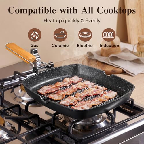 GiPP Nonstick Grill Pan with Folding Handle,Square Grill Skillet, Grilling Pan with Pour Spouts, Versatile Griddle Steak Pan for All Stove,PFOA Free,11 Inch - size: 11"*11"